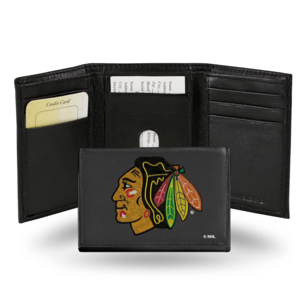 Chicago Blackhawks Wallet Trifold Leather Embroidered Black NEW